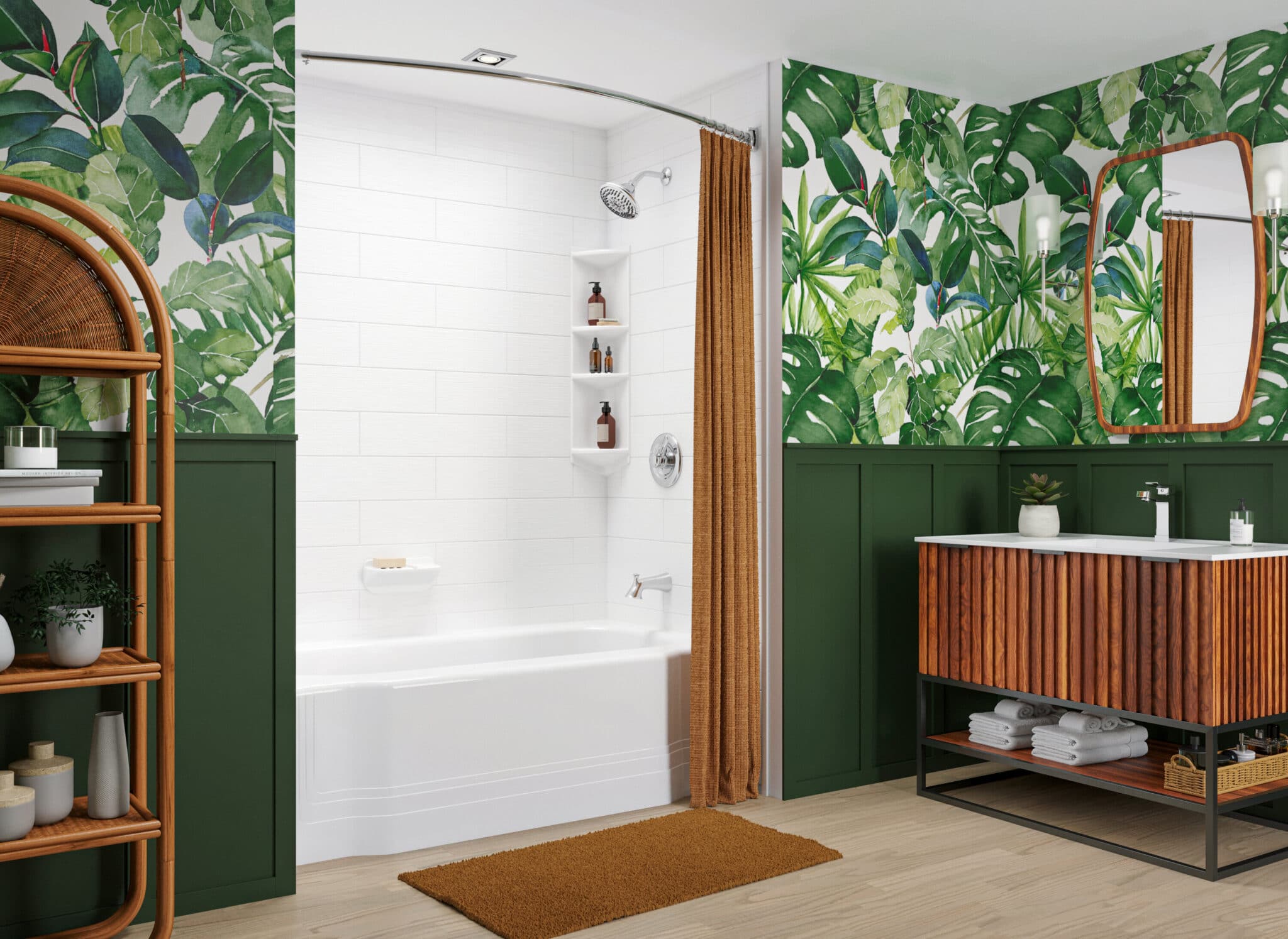 A bathroom with tropical green wallpaper, light brown wood floors, a white built-in bath tub and shower, and a bamboo-wood vanity, with a sink and mirror