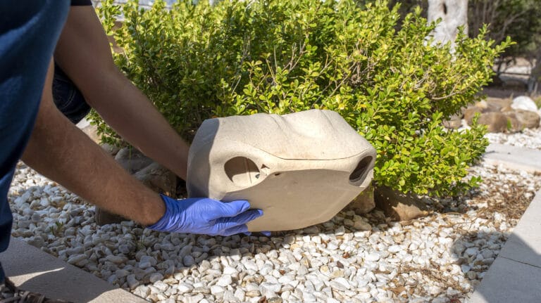 A specialist places a mouse trap that is disguised as a natural rock in the yard of a home near some green bushes.