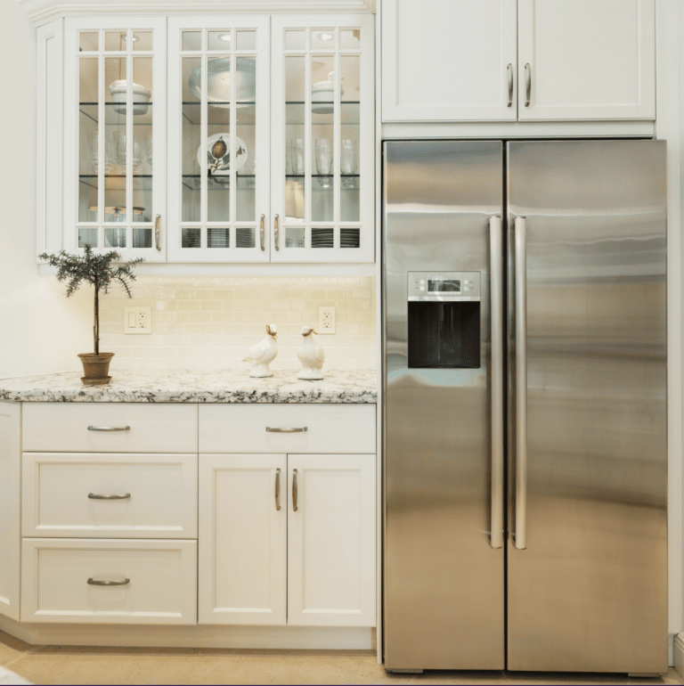 A stainless steel refrigerator near a countertop with decorative plant.